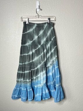 Bohemian Cove Tie Dye Maxi Skirt Blue Gray Tiered Lace Boho Midi Skirt Medium
